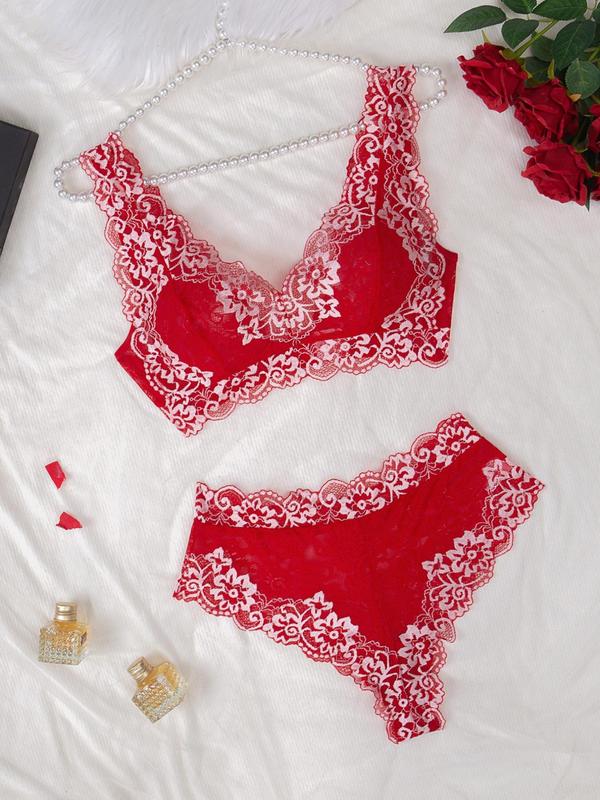 Two-Piece Set Women's Solid Color Embroidery Bra & Brief Lace Underwear Set, Elegant Comfy Breathable Backless Lingerie Top & Panty Set, Lingerie Set for Women