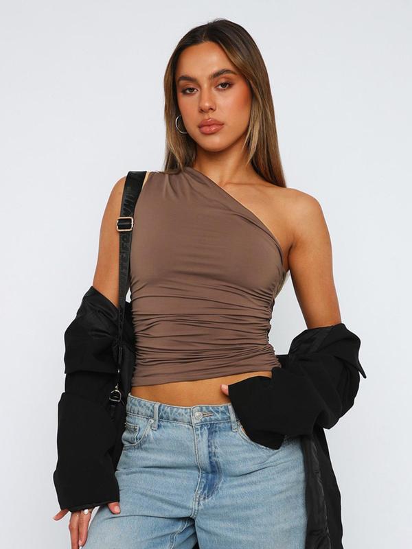 Women's Plain Ruched One Shoulder Crop Tank Top, Casual Sleeveless Cropped Top for Summer, Crop Tops, Fall Clothes, Fashion Women's Top for Daily Wear, 90s Clothes