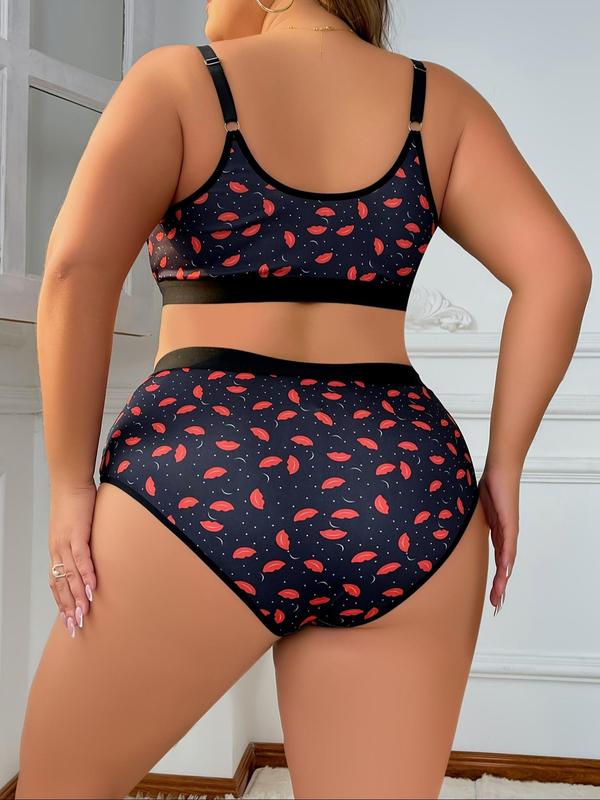 Plus Size All Over Print Bow Decor Push Up Bra & High Waist Panty Set, Casual Adjustable Strap Underwire Bra & Knicker, Women's Underwear Set