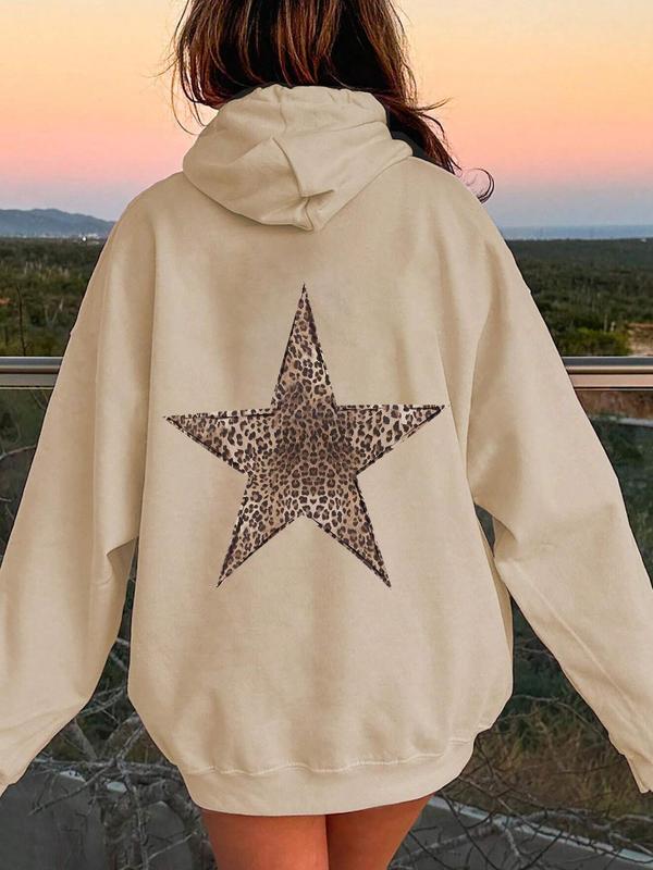 Women's Star Print Drop Shoulder Hoodie, Fashion Casual Drawstring Pocket Hooded Sweatshirt for Daily Holiday Outdoor Wear, Women Clothing for Fall & Winter