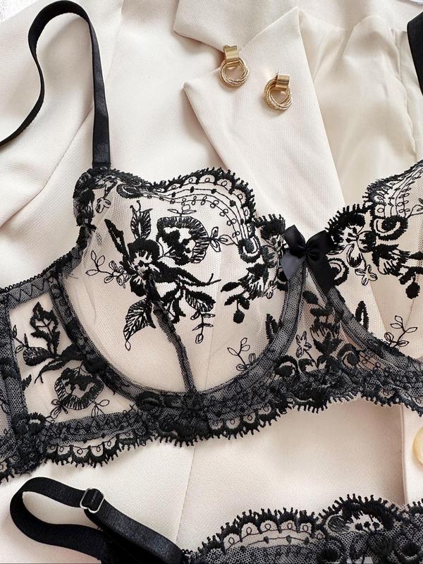 Women's Floral Embroidery Scallop Trim Sheer Bra & Panty Sexy Lingerie Set, Sexy Adjustable Strap Push Up Bra & Knicker, Lingerie Set for Women