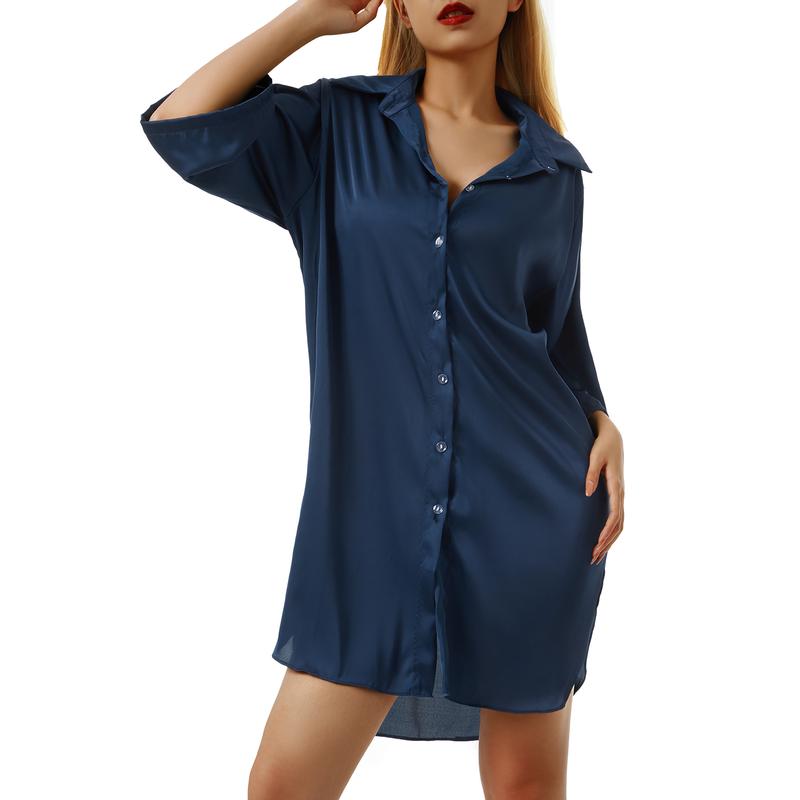 Womens Sleep Tops Underwear Summer Sleeping Shirt Half Sleeve Single Breasted Loose Nightshirt for Home Wear Lounge 4 Colors