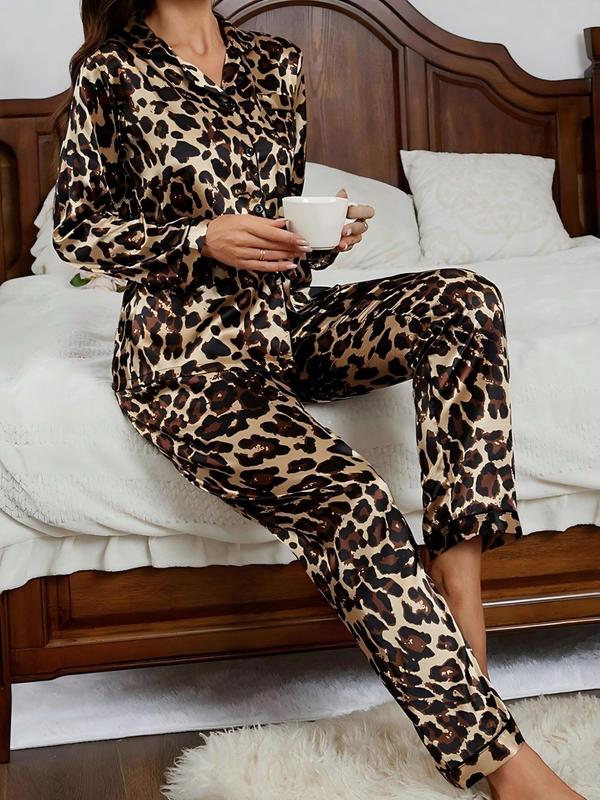 2 4 6 Counts Womenswear Soft Satin Lounge Set, Pajama Sets Women, Minimalist Pj Sets for Women, Basic Button Front Lapel Neck Long Sleeve Top & Elastic Waist Pants Pajama Set, Nightwear Sets, Women's Sleepwear, Summer Wear 2024