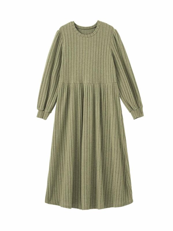 Plus Size Solid Color Bishop Sleeve A Line Dresses for Women, Elegant Long Sleeve Round Neck Ribbed Dress for Fall & Winter,  Women's Clothing, Birthday Dress for Women, Women's Clothes for Daily Vacation Party