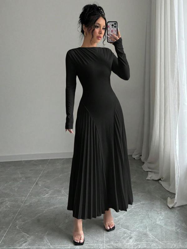 Women's Plain Pleated Long Sleeve A Line Dress, Elegant Round Neck Long Dress for Party Holiday Wedding Guest, Ladies Clothes for All Seasons