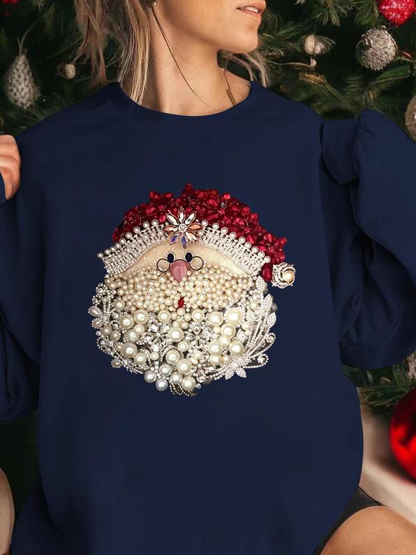 Women's Rhinestone & Faux Pearl Decor Santa Claus Print Christmas Thermal Lined Sweatshirt, Casual Drop Shoulder Long Sleeve Pullover, Women's Christmas Clothes for Daily Wear