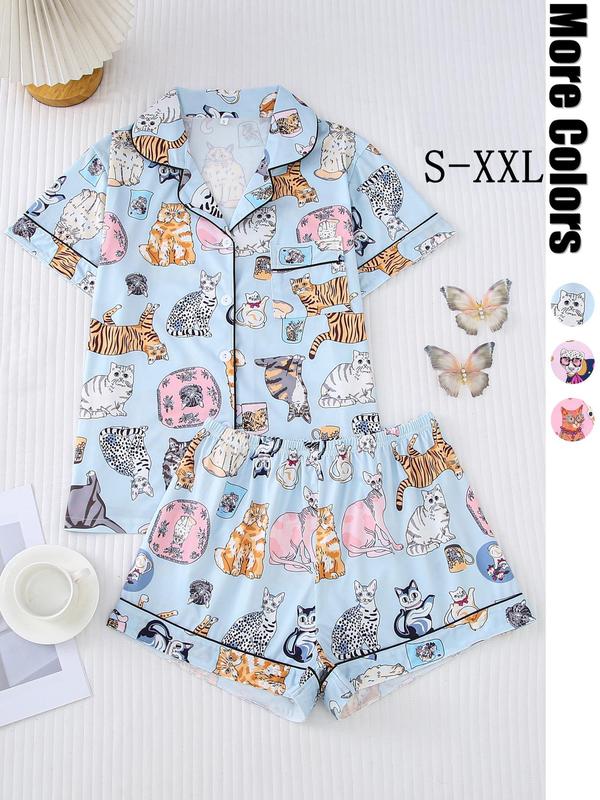 Two-piece Set Women's Cartoon Animal Print Lapel Neck Button Front Shirt & Elastic Waist Shorts Pajama, Casual Comfy Short Sleeve Pocket Top & Shorts Pj Set, Ladies Sleepwear for All Seasons