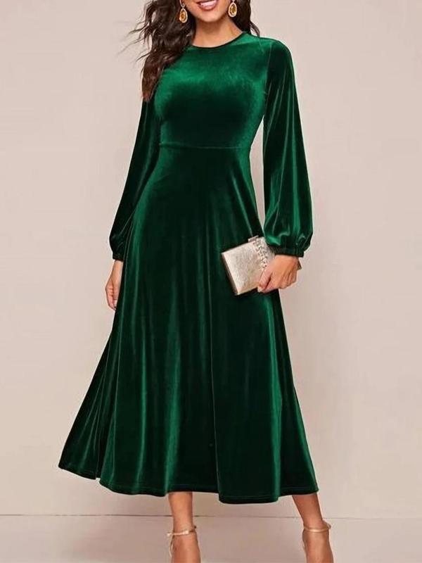  Long Sleeve Velvet Dress, Elegant Bishop Sleeve Round Neck A Line Dress for Party Holiday Wedding Guest, Women's Clothes for Fall & Winter