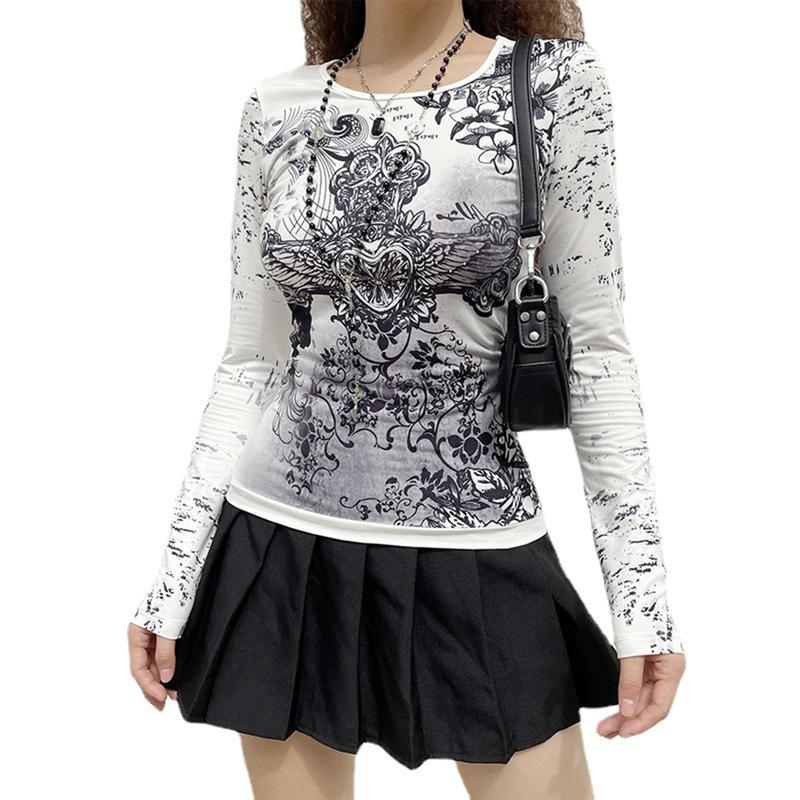 Gothic Y2K Tees Grunge Fairy Casual Party Women's Round Neck Tight Tops intage Heart Wings Print Long Sleeve Slim Fit Pullovers Shirts Womenswear