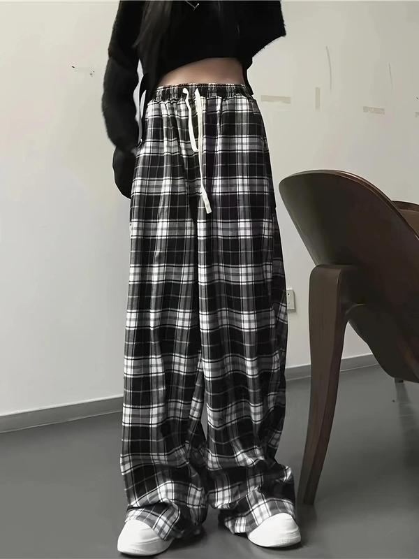 Women's Plaid Print Drawstring Waist Straight Leg Pants, Casual Comfy High Waist Trousers for Daily Wear, Womenswear Bottoms for Fall, Fall Outfits