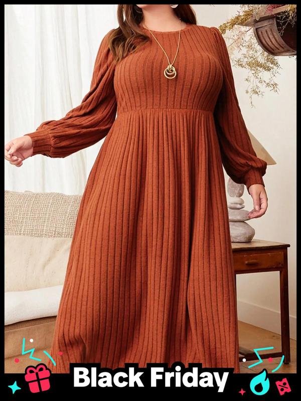 Plus Size Solid Color Bishop Sleeve A Line Dresses for Women, Elegant Long Sleeve Round Neck Ribbed Dress for Fall & Winter,  Women's Clothing, Birthday Dress for Women, Women's Clothes for Daily Vacation Party