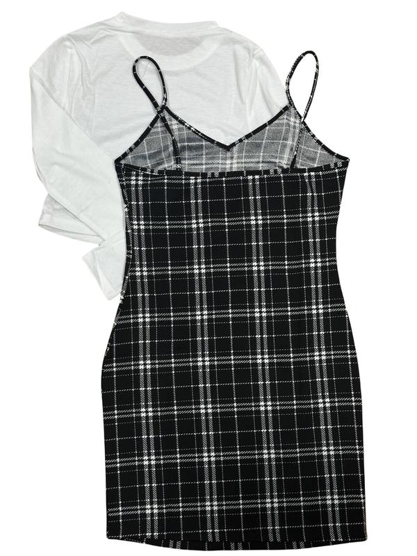 Two-piece Set Women's Plain Top & High Waist Plaid Print Skirt, Elegant Fashion Casual Round Neck Top & Bodycon Dress for Daily Outdoor Wear, Women Clothing for Fall & Winter Birthday Dress For Women