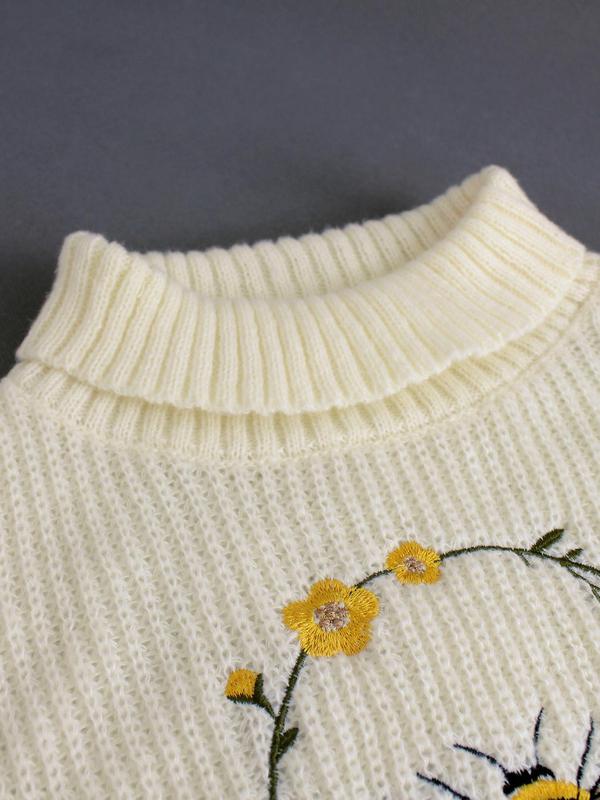 Women's Cartoon Bee Embroidery Drop Shoulder Sweater, Casual Long Sleeve High Neck Jumper for Spring & Fall, Fashion Women's Knitwear for Daily Wear