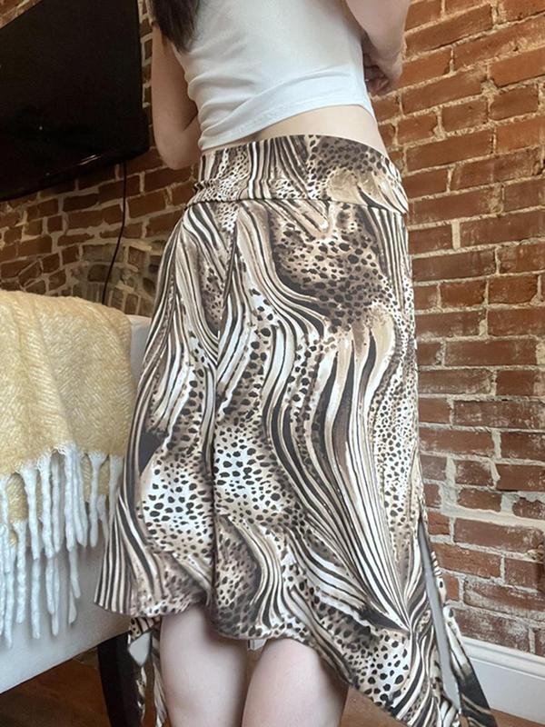 Women's Leopard Print Tie Front Asymmetrical Hem Skirt, Fashion Casual Knee Length Skirt for Daily Outdoor Wear, Ladies Bottoms for All Seasons