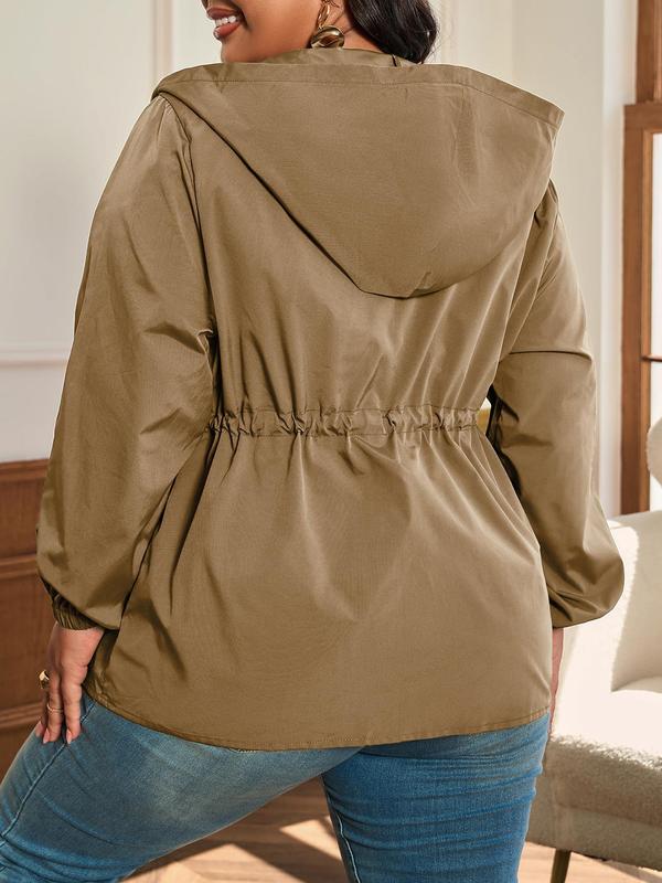 CURVZY Christmas Deals, Plus Size Solid Drawstring Pocket Zipper Hooded Coat, Casual Jackets, Long Sleeve Outerwear for Fall, Women's Clothes for Daily Wear, Christmas 2024 Trend, Fall & Winter Clothes