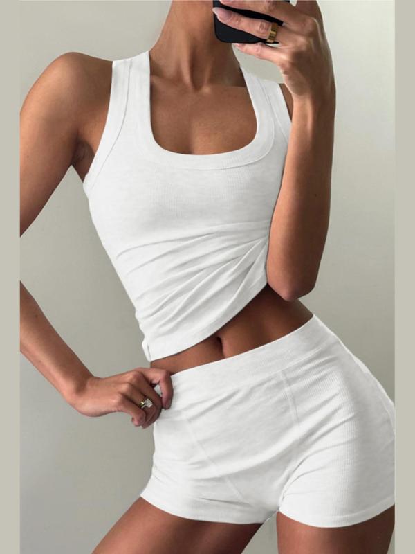 Two-piece Set Women's Solid Ribbed Crop Tank Top & High Waist Shorts, Casual Fashion Cozy Square Neck Sleeveless Top & Skinny Shorts for Daily Outdoor Wear, Ladies Clothes for All Seasons