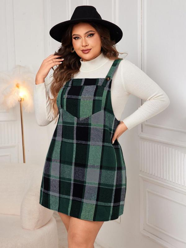  Plaid Print Button Pinafore Dress without Top, Casual Pocket Sleeveless Dress for Spring & Fall, Women's Clothes for Daily Wear, Preppy 80s Clothes