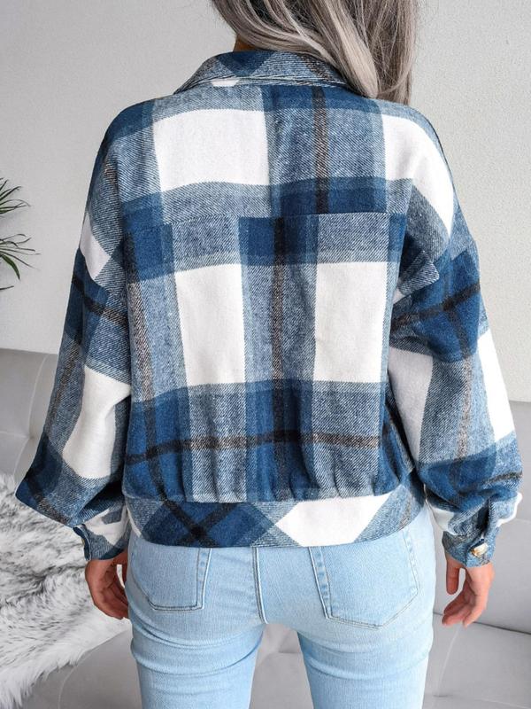 Women's Plaid Print Collared Long Sleeve Button Front Jacket, Pocket Design Drop Shoulder Button Up Outerwear, Women's Fall Tops Clothing, Preppy 80s Clothes