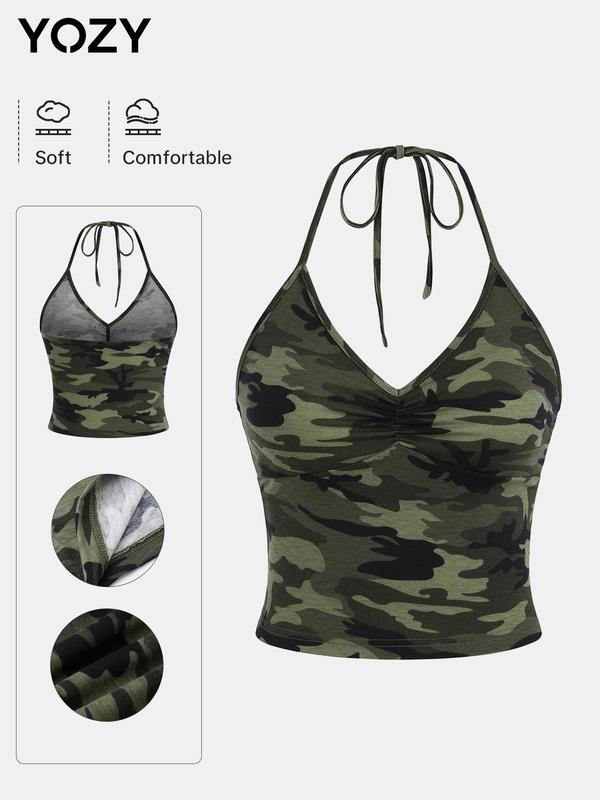 YOZY [2 colors] Camo Print Ruched Crop Top, Y2K Casual V Neck Backless Halter Tie Back Halter Cami Top, 2024 Women's Daily Wear for Spring & Summer