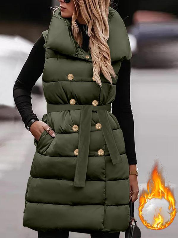 Women's Solid Double Button Pocket Belted Quilted Vest, Casual Tops, Sleeveless High Neck Warm Outerwear for Fall & Winter, Women's Clothing for Daily Wear