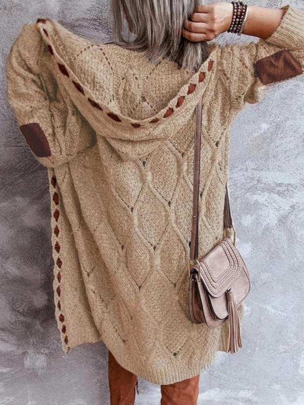 Women's Patchwork Drop Shoulder Cable Knit Hooded Cardigan, Casual Long Sleeve Open Front Knitwear for Spring & Fall, Fashion Women's Knit Clothing for Daily Wear, Cardigan for Women, Fall Clothing Women