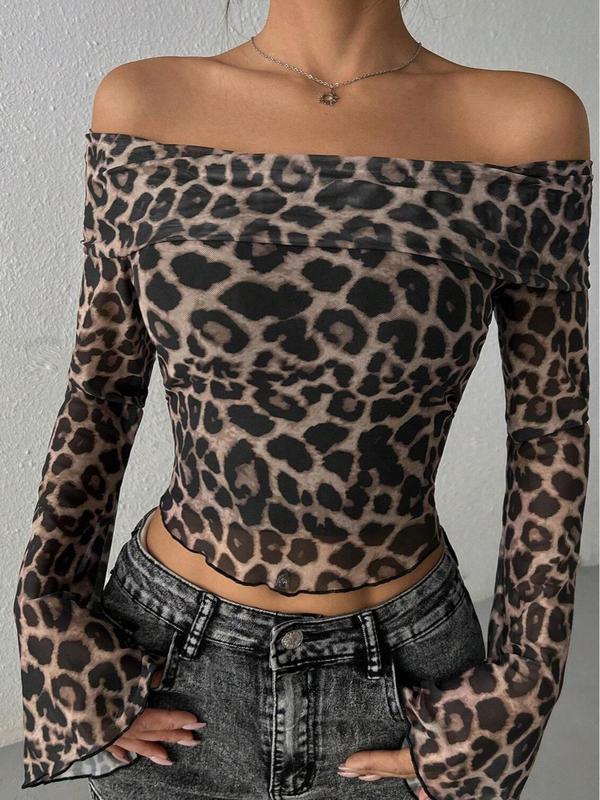 Women's Leopard Print Lettuce Trim Off Shoulder Crop Tee, Casual Flounce Sleeve T-shirt for Fall & Winter, Women's Clothing for Daily Wear