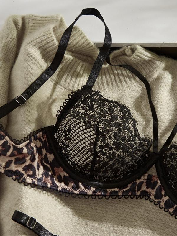 Women's Leopard Print Underwire Bra & Contrast Lace Panty Two-Piece Set, Adjustable Strap Bra & Knicker Set, Lingerie Set for Women