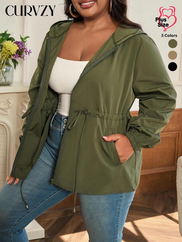 CURVZY Christmas Deals, Plus Size Solid Drawstring Pocket Zipper Hooded Coat, Casual Jackets, Long Sleeve Outerwear for Fall, Women's Clothes for Daily Wear, Christmas 2024 Trend, Fall & Winter Clothes