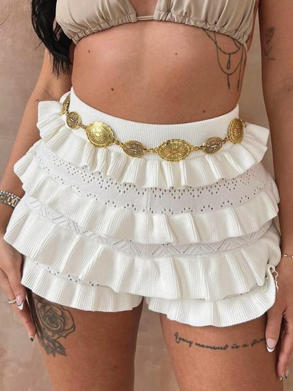 Women's Plain Hollow Out Ruffle Trim High Waist Shorts, Bloomer Shorts, Street Fashion Casual Skinny Shorts for Daily Outdoor Wear, Ladies Bottoms for Summer, Going Out Summer Bottoms, Shorts for Women, Summer Outfits 2024