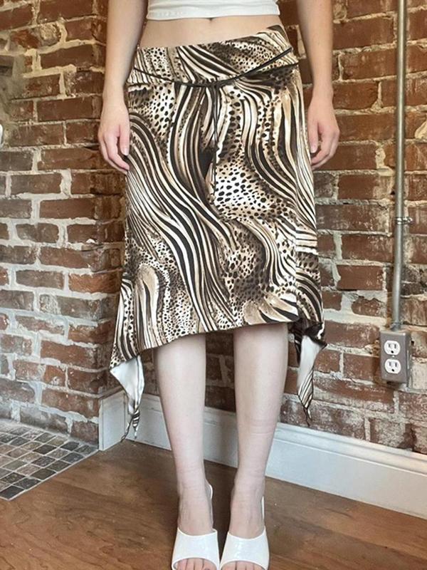 Women's Leopard Print Tie Front Asymmetrical Hem Skirt, Fashion Casual Knee Length Skirt for Daily Outdoor Wear, Ladies Bottoms for All Seasons