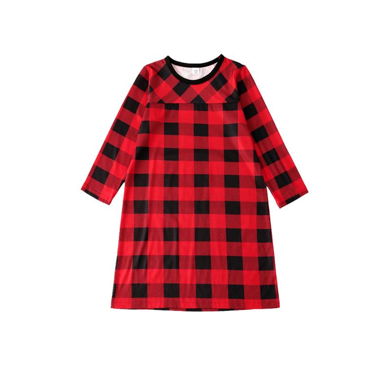 Red Black Matching Christmas Pajamas For Family, Plaid Print Long Sleeve Lapel Shirt, Pants, Dress, Jumpsuit, Dog Triangular Bib