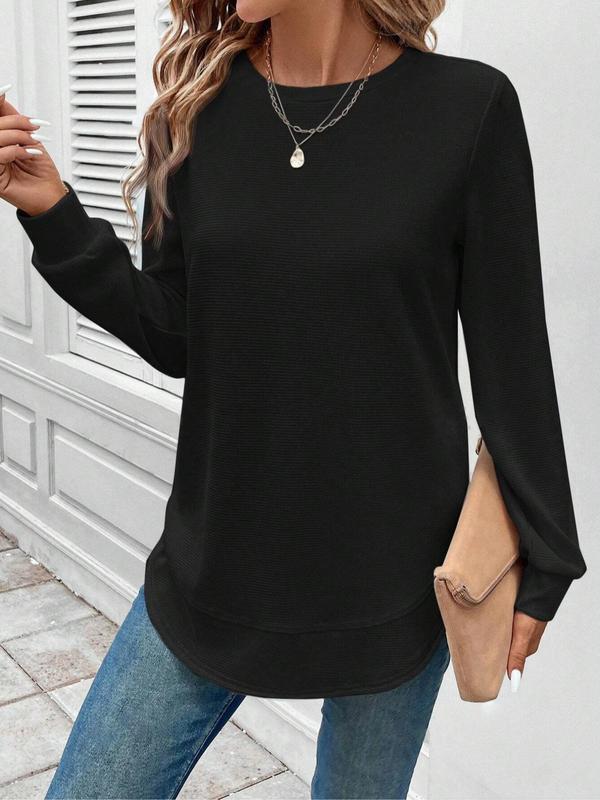 Women's Plain Waffle Knit Tee, Casual Long Sleeve Round Neck T-shirt for Daily Wear, Ladies Clothes for All Seasons