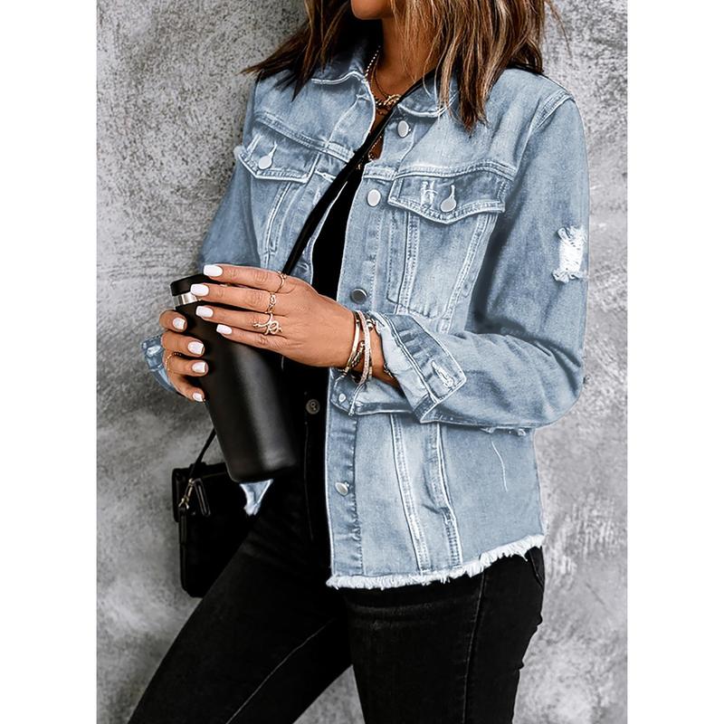 EVALESS Women's Jean Jackets Non-stretch Boyfriend Washed Distressed Ripped Fringe Denim Jean Jacket -Short Style 2024 Fashion Fall Outfits Clothing