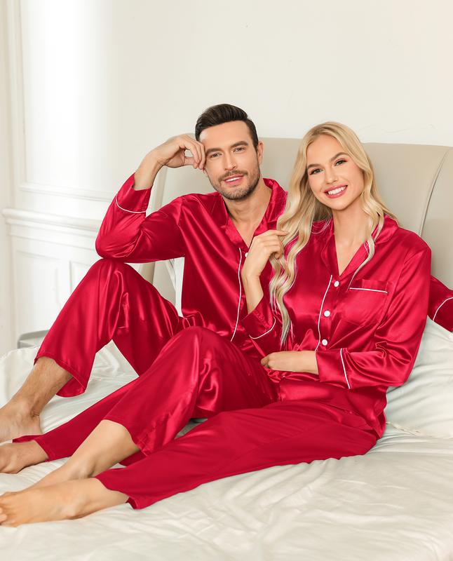 SWOMOG Matching Family Pajama Set Womens Mens Long Sleeve Sleepwear Satin Silk Loungewear for Couple Button Down Pjs Set Womenswear Clothing