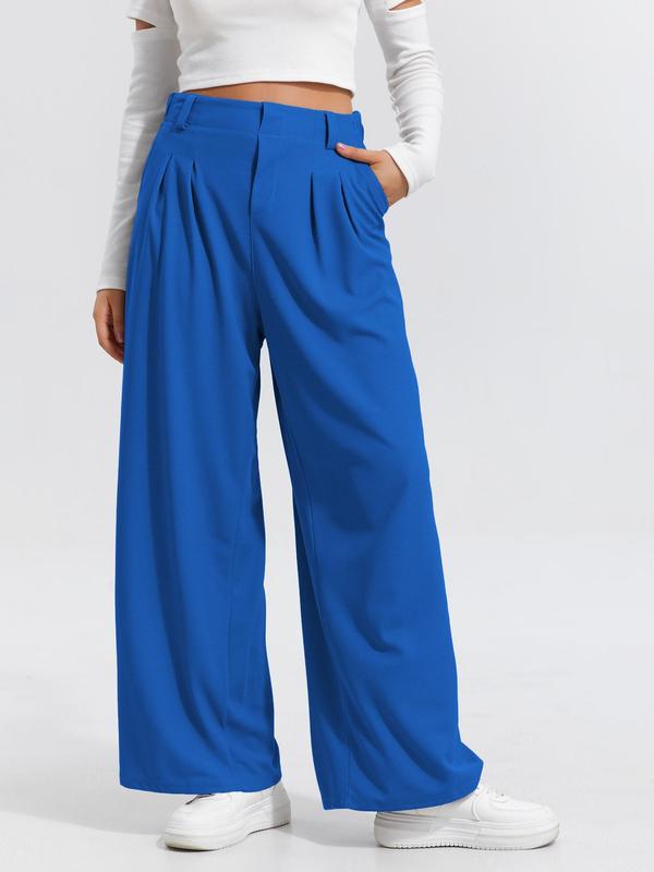 Women's Plain Plicated Elastic Waist Wide Leg Pants, Casual Comfy Pocket  Trousers for Daily Wear, Ladies Bottoms for All Seasons