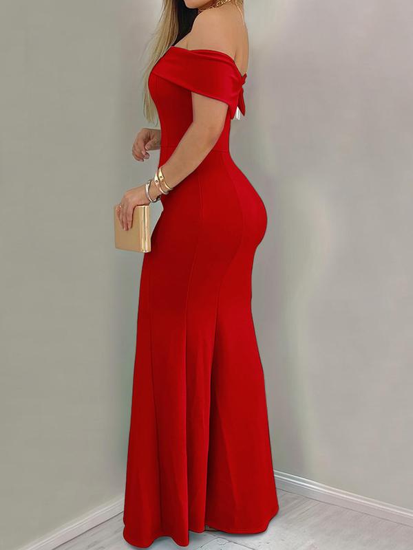 Women's Off The Shoulder Zipper Back Fit and Flare Dress, Elegant Solid Color Maxi Dress, Gowns for Party Evening Formal Occasions, Ladies' Clothes for All Seasons