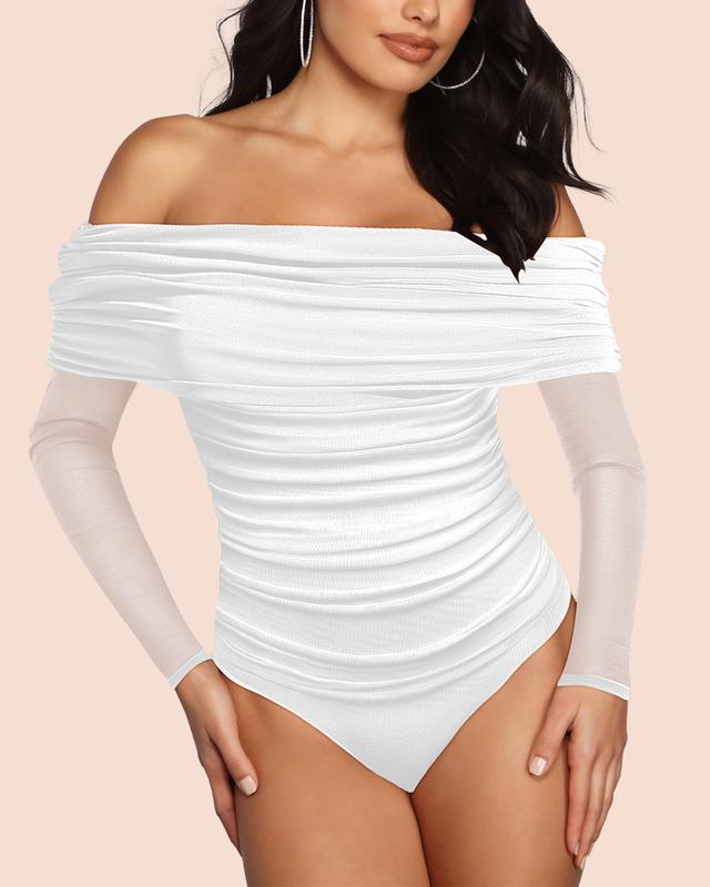 Women's Off The Shoulder Long Sleeve Bodysuit Sexy Slimming Body Suit Sheer Mesh Ruched Outfits Tops