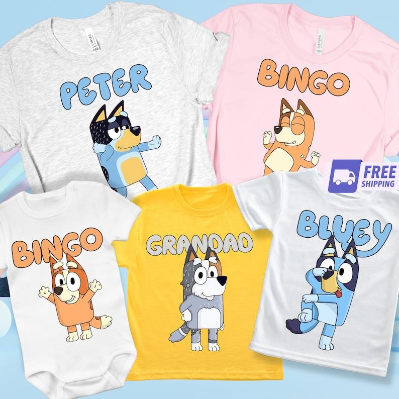 Personalized Blueey Family Matching Shirts, Custom Blueyy Birthday Party Tees, Personalized Bluey and Bingo T-shirts, Bandit Heeler Shirt, Bluey Toddler Tee, Trendy Mama Shirt, Womens Tshirt,  Gift for Cartoon Lover, Blue Family Character T-shirt