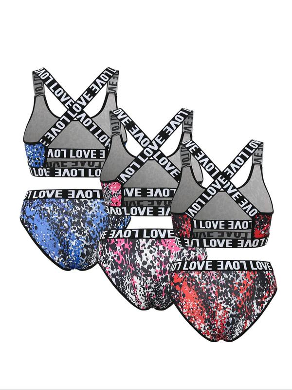 Plus Size Leopard Print Letter Tape Underwear Set, Criss Cross Cut Out Backless Bra & Panty Set, Bralette and Knicker Set, Plus Size Women's Clothing, Women's Summer Comfy Breathable Lingerie Set, Set for Women