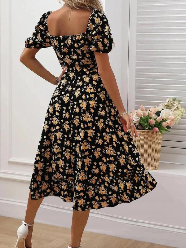 Women's Floral Print Puff Sleeve Split Thigh Tie Front A Line Vintage Dress, Boho Romantic Short Sleeve Square Neck Long Dress for Party Holiday Wedding Guest, Frenchy Style Dresses for Women, Milkmaid Dress, Summer Dresses 2024, Ladies Summer Clothes