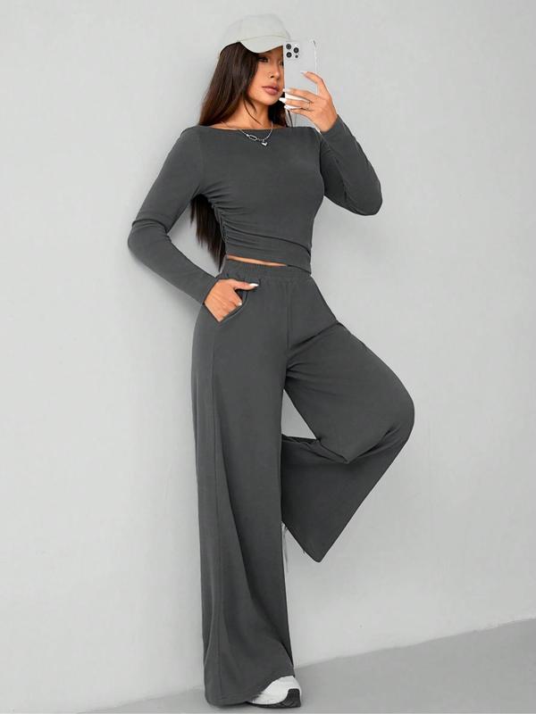 Women's Solid Ruched Tee & Wide Leg Pants Two-Piece Set, Elegant Fashion Casual Boat Neck Long Sleeve Top & Pocket Trousers for Daily Outdoor Wear, Women's Clothing for Fall & Winter