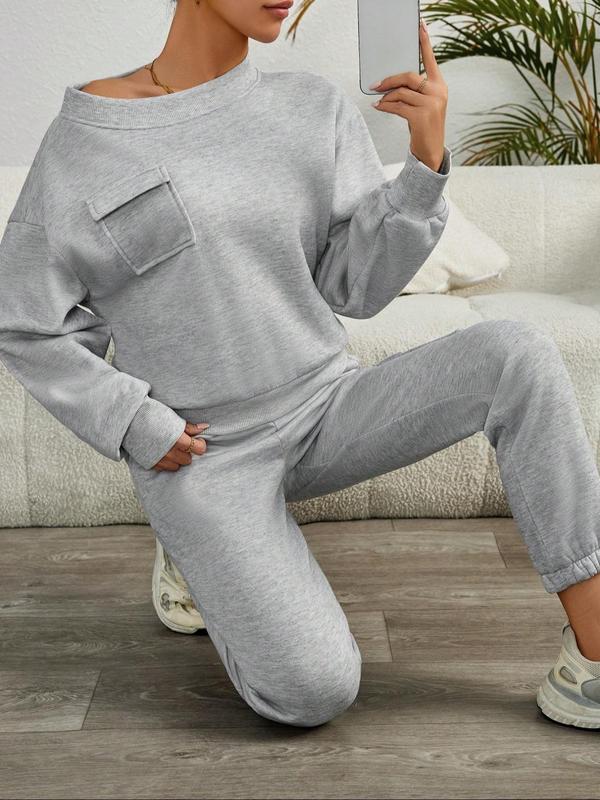 Women's Solid Asymmetrical Neck Sweatshirt & Pocket Pants Two-piece Set, Casual Fashion Cozy Breathable Two Piece Outfits for Daily Outdoor Wear, Women Clothes for Fall & Winter