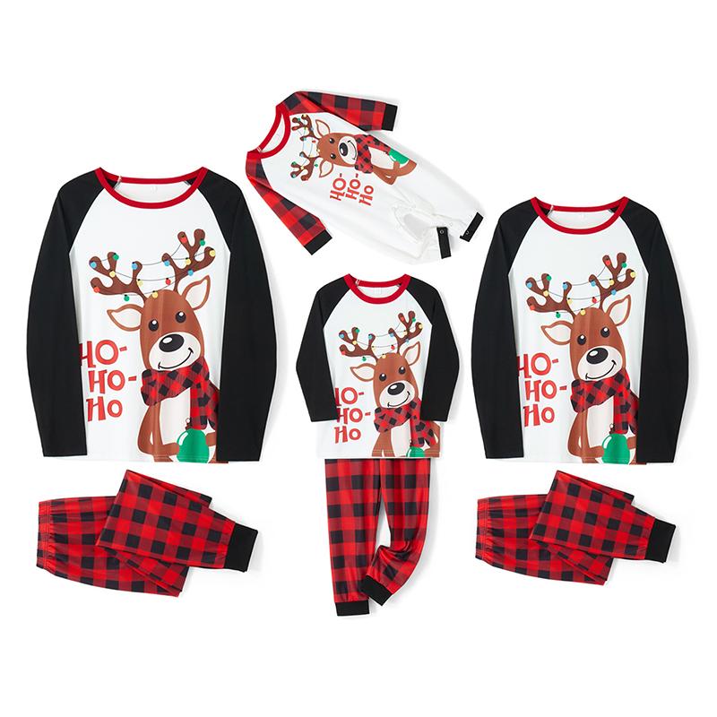 Christmas Pajamas for Family, Long Sleeve Elk Letter Print T-Shirt + Plaid Pants Set