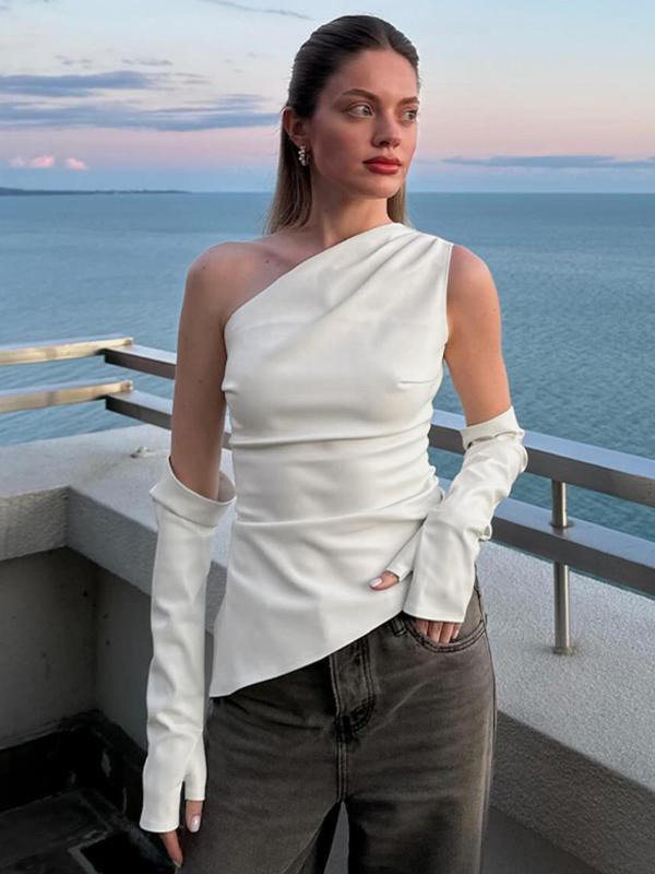 Women's Solid Color One Shoulder PU Tank Top with Gloves, Elegant Fashion Casual Asymmetrical Hem Sleeveless Top for Daily Outdoor Wear, Ladies Clothes for All Seasons