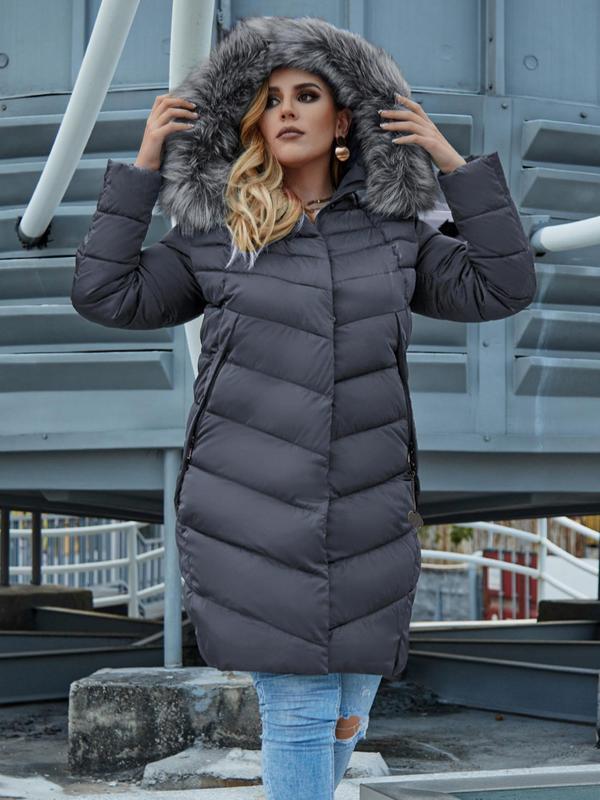  Contrast Faux Fur Trim Button Front Quilted Jacket, Casual Long Sleeve Pocket Zipper Hooded Outerwear for Fall & Winter, Women's Clothes for Daily Wear