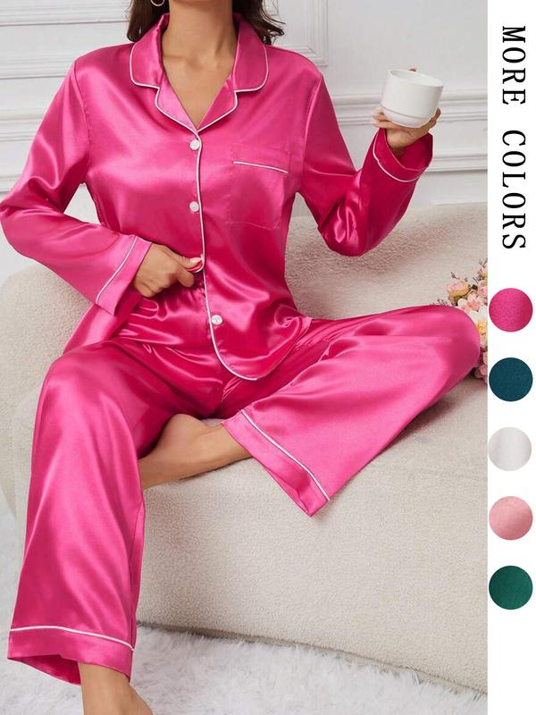 2 4 6 Counts Womenswear Soft Satin Lounge Set, Pajama Sets Women, Minimalist Pj Sets for Women, Basic Button Front Lapel Neck Long Sleeve Top & Elastic Waist Pants Pajama Set, Nightwear Sets, Women's Sleepwear, Summer Wear 2024