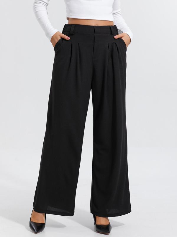 Women's Plain Plicated Elastic Waist Wide Leg Pants, Casual Comfy Pocket  Trousers for Daily Wear, Ladies Bottoms for All Seasons