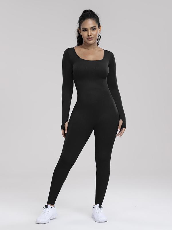 Women's Solid Square Neck Long Sleeve Jumpsuit, Minimalist Basic Womenswear, Comfort Lady Longsleeves Tight-fitting Jumpsuit for Yoga Gym Workout Fitness, Sporty Casual Ladies Fall & Winter Clothes