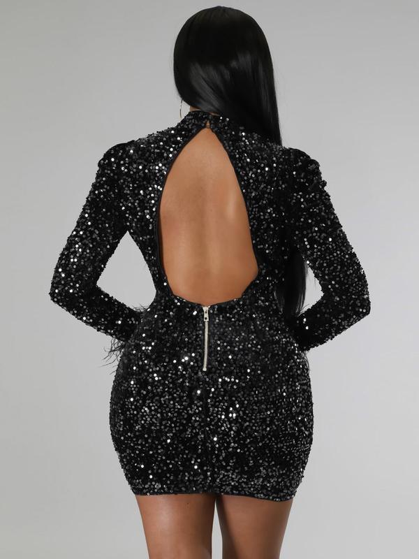 Women's Fuzzy Trim Backless Glitter Contrast Sequin Bodycon Dress, Elegant Cut Out Zipper Back Dress for Party Club Dating Wear, Women's Dress for All Seasons