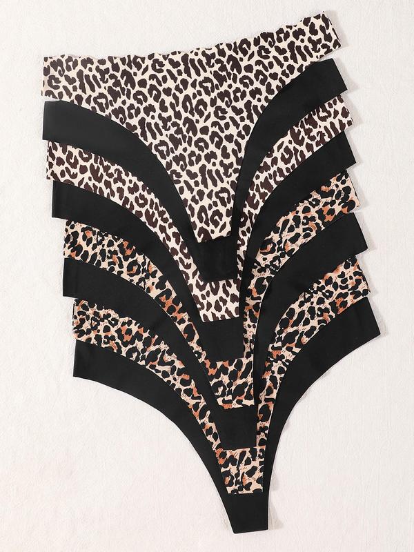 Women's Solid & Leopard Print Scallop Trim Thong, Underwear for Women, Breathable Comfortable Panties for Daily Wear, Ladies Underwear for All Seasons